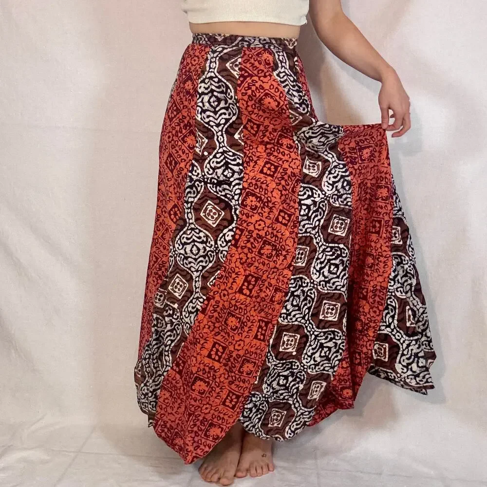 Vintage 1970s Red Brown Block Print Cotton Maxi Skirt Bias Cut Boho Swirler 25W